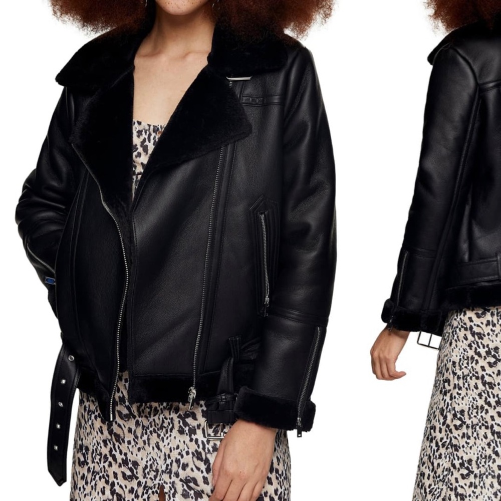 Topshop Faux Fur & Faux Leather Moto Jacket